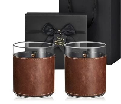 11.5 oz rock glasses with leather cup sleeves