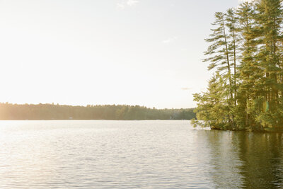 Calm lake surrounded by pine trees with reflections on the water in Maine