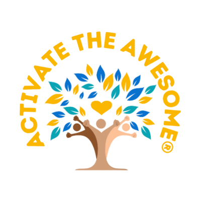 Activate the Awesome logo with words in yellow above a tree graphic. The trunk is formed by three  silhouettes of people with varying skin tones and arms raised. The leaves are yellow, teal, and blue surrounding a yellow heart in the center.