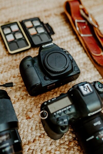 Camera gear laid out on the ground