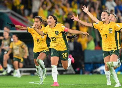 Australian Matildas football players celebrating a major goal at the FIFA Women’s World Cup 2023