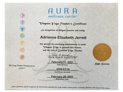 250 Hour Vinyasa Yoga Teacher Training Certificate Aura Wellness for Adrianne Jerrett