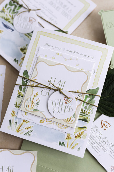 Light and airy wedding invitation suite with custom calligraphy