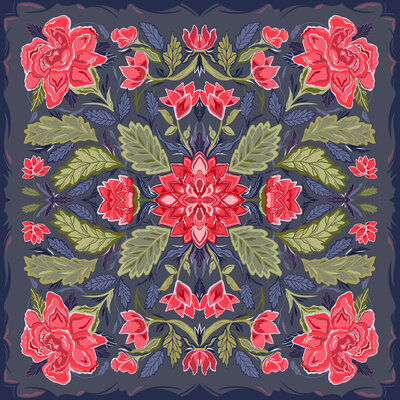 seamless surface pattern design repeat by Ellen Morse, symmetrical floral design with green leaves and red flowers on wedgemwood blue accents and background