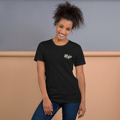 She Rocked It Black Logo Tee for feminist clothing, feminist t-shirt, and feminist apparel for women empowerment gifts.