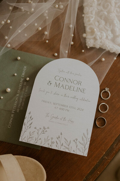 flat lay, wedding invites, wedding detail photos, wedding ring photos, bridal suite photos