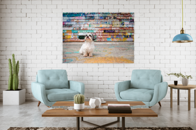 Portrait of a French Bulldog hanging on the wall in a living room