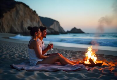 couple sitting beside a campfire on a secluded San Diego beach at sunset, enjoying a private luxury adventure as part of a curated romantic getaway.