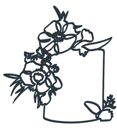 The logo for the wedding bakery Torta in Rochester NY. A single line drawing of a cake with clusters of flowers.