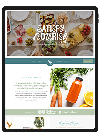 Website design mockup for a nutritionist's restaurant homepage, featuring vibrant colors and inviting layout.