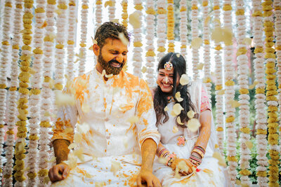 Bride and groom during their indian  Pithi ceremony in Connecticut. 
