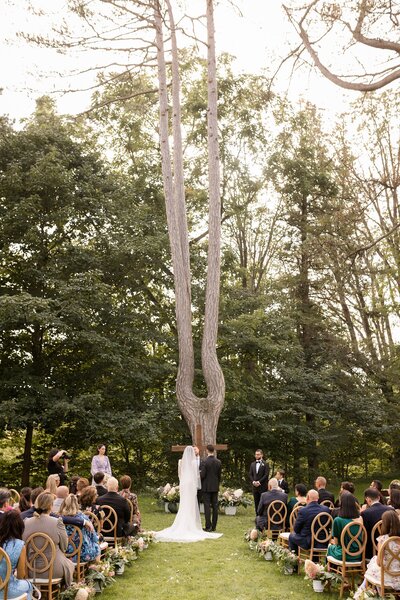 Newlyweds embrace under a large archway of trees at her grandmothers farm during their wedding in mount brydges