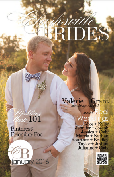 magazine cover of the 2016 edition of the Clarksville Brides showing groom with bride standing behind him while they both look at each other smiling