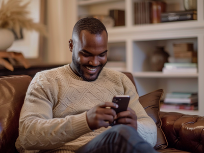 man using phone and smiling