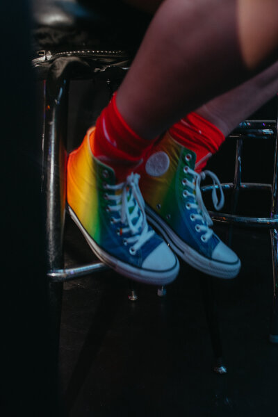 close up of rainbow sneakers