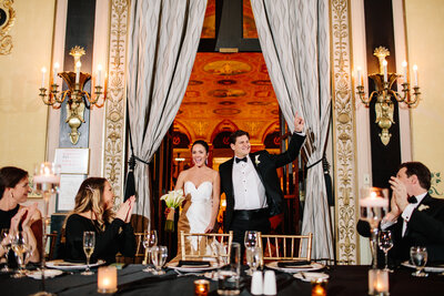 Bride and groom on wedding day in a historic Chicago hotel 
