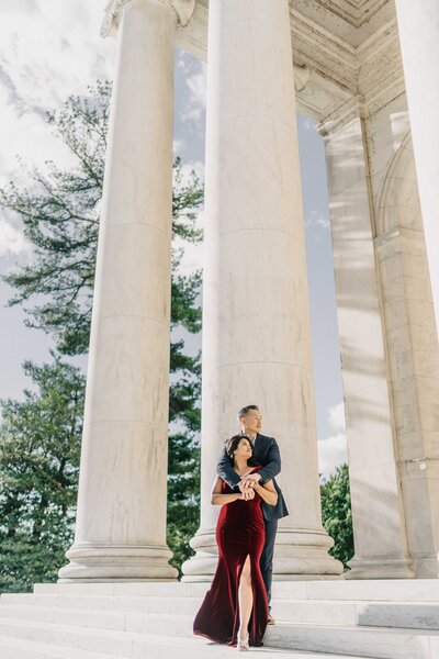 Georgetown Virginia Engagement photo couple talking on the street with two pets