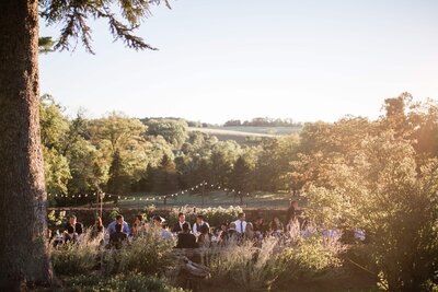 photo guests having dinner on a long table on a garden outside philadelphia pa