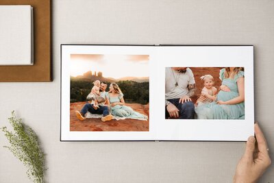 Photo album of a Sedona maternity photoshoot at sunset.