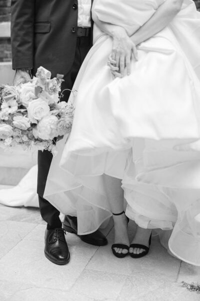 close up image of bride and groom shoes