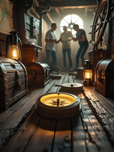 General decription____Cinematic scene inside an escape room themed environment. Include realistic lighting, shallow depth of field, high contrast, dramatic shadows, and immersive set design. Show a group of 3- (16)