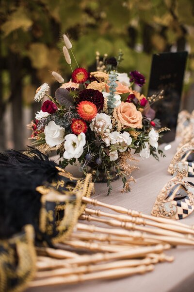 Flower arrangement by Flowers and Thyme at a bat mitzvah party in Eugene.