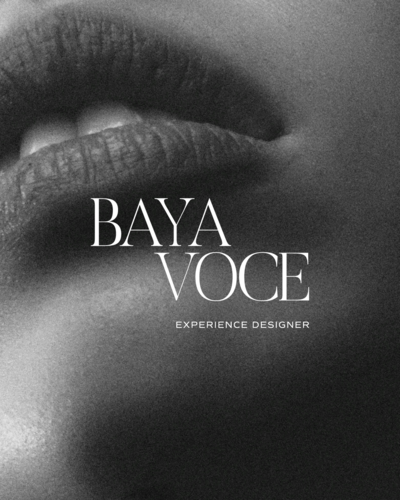 Black-and-white editorial close-up of lips overlaid with ‘BAYA VOCE Experience Designer’ logo in white, showcasing the event designer brand identity.