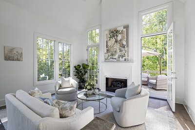 Nature inspired living room design with neutrals and fireplace