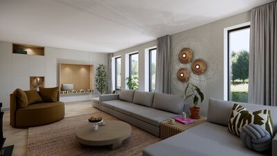 fotorealistisch interieurontwerp met lichte kleuren en grote wandkast