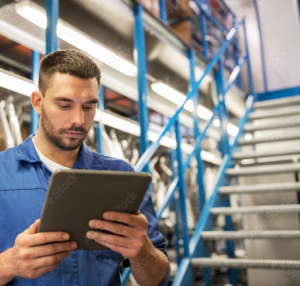 Man looking at a clipboard in a warehouse