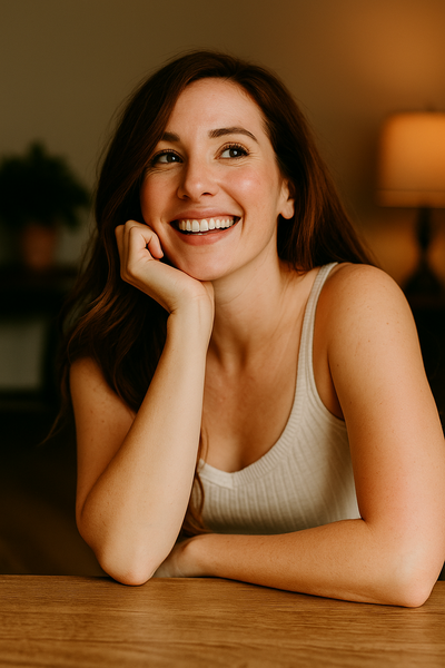 A young woman smiling confidently while journaling, surrounded by a camera, glasses, and a dating checklist — ideal for online dating prep visuals.