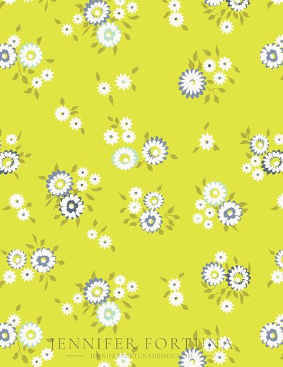 Floral fabric designed by Jennifer in blue, aqua, white and and several shades of purple.