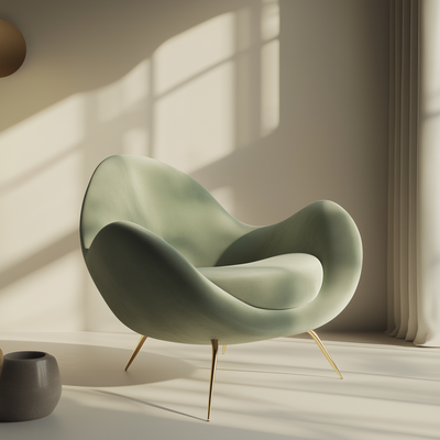 Minimalist room with a modern sage green armchair in natural light, styled for The Veiled Method™ Bio Boss™ sales page.