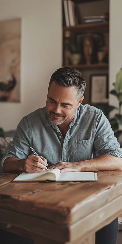 Man schrijft zijn gedachtes op in een boek