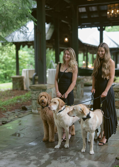 The Plus the Pups team, dressed in black tie, attentively cares for the couple’s three dogs before the wedding ceremony at Old Edwards Events in Highlands, NC.