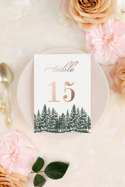 Chic table number with a tree border and copper numbers,  for a fall wedding reception at Kimpton Armory in Bozeman, Montana.