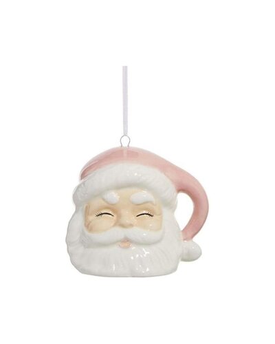 Ceramic Santa ornament with a vintage-style pink hat, perfect for holiday tree decor.