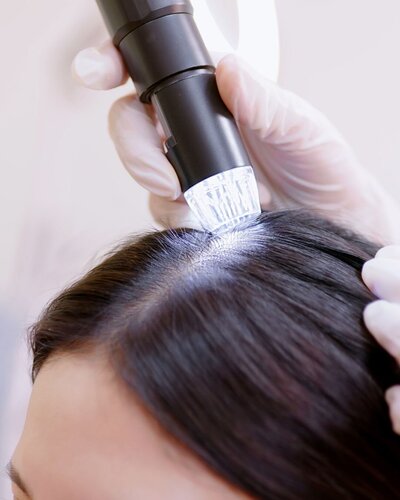 Close-up of a woman receiving treatment for hair loss.