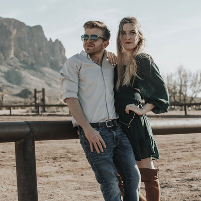 Engaged couple poses for portrait during engagement photography session