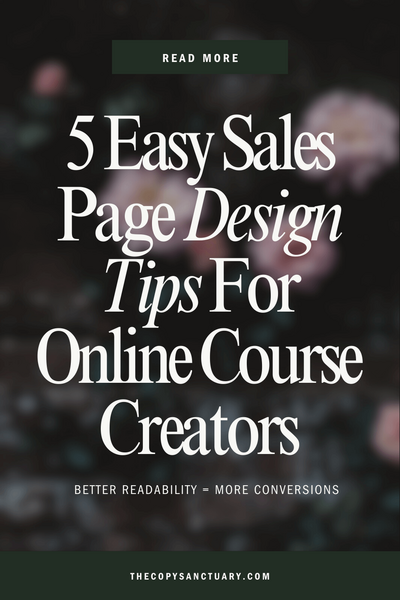 Blog title "5 Easy Sales Page Design Tips For Online Course Creators" on a nature-inspired background.