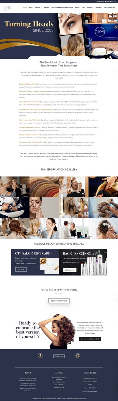 OTB salon full website preview. Wordpress design by Rachelle Deem Designs