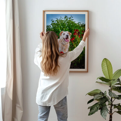 Woman hanging framed artwork of dog 
