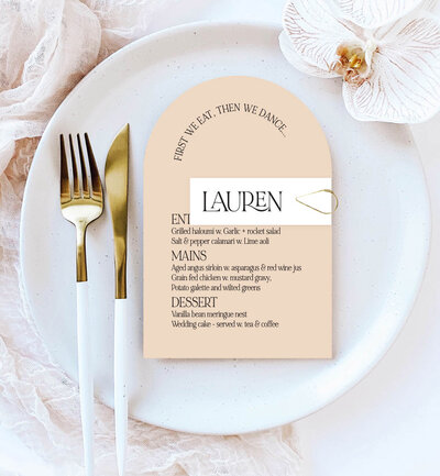 Arch menu and wave place card in big love design, neutral colours