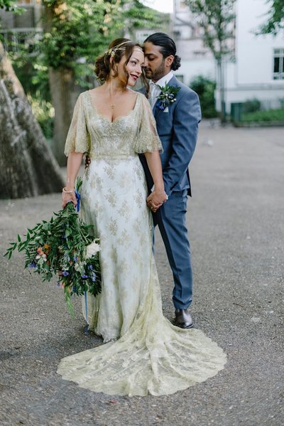 Anglo Indian fusion wedding blue and gold dress by Joanne Fleming Design, photo by Jacqui McSweeney