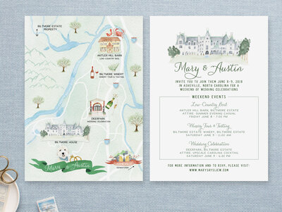 Asheville North Carolina Watercolor Wedding Map and Invitations