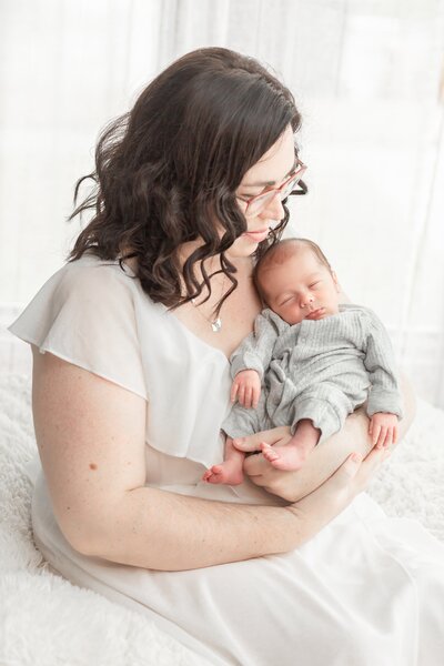 Lifestyle Newborn Session, Baby boy with momma, taken by Ann Arbor Newborn Photographer