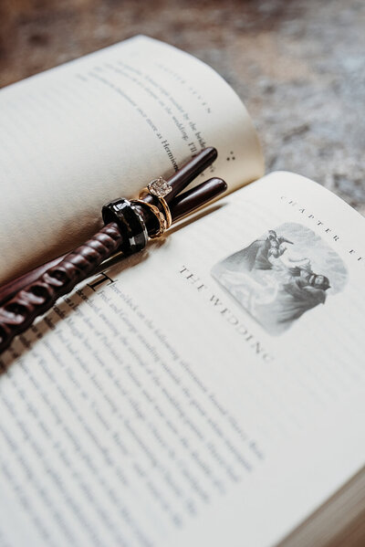 Detail shot of wedding rings, flat lay storytelling photo