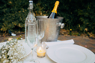 Toast with Champagne in our surprise garden proposal spot