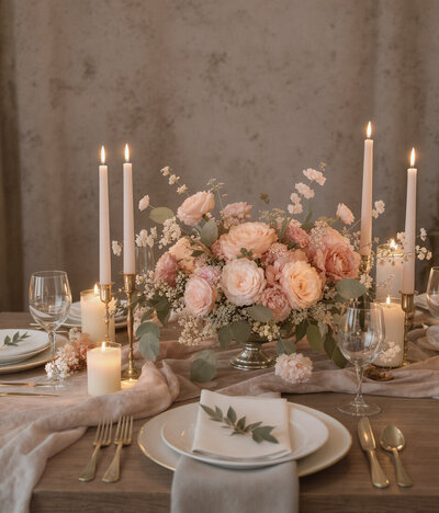 Floral tablescape at a wedding reception.
