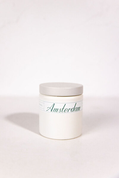 Amsterdam travel themed candle with wood wick and natural soy in a reusable container